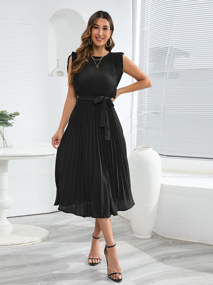 Tied Round Neck Pleated Midi Dress-VMA Specialties Boutique