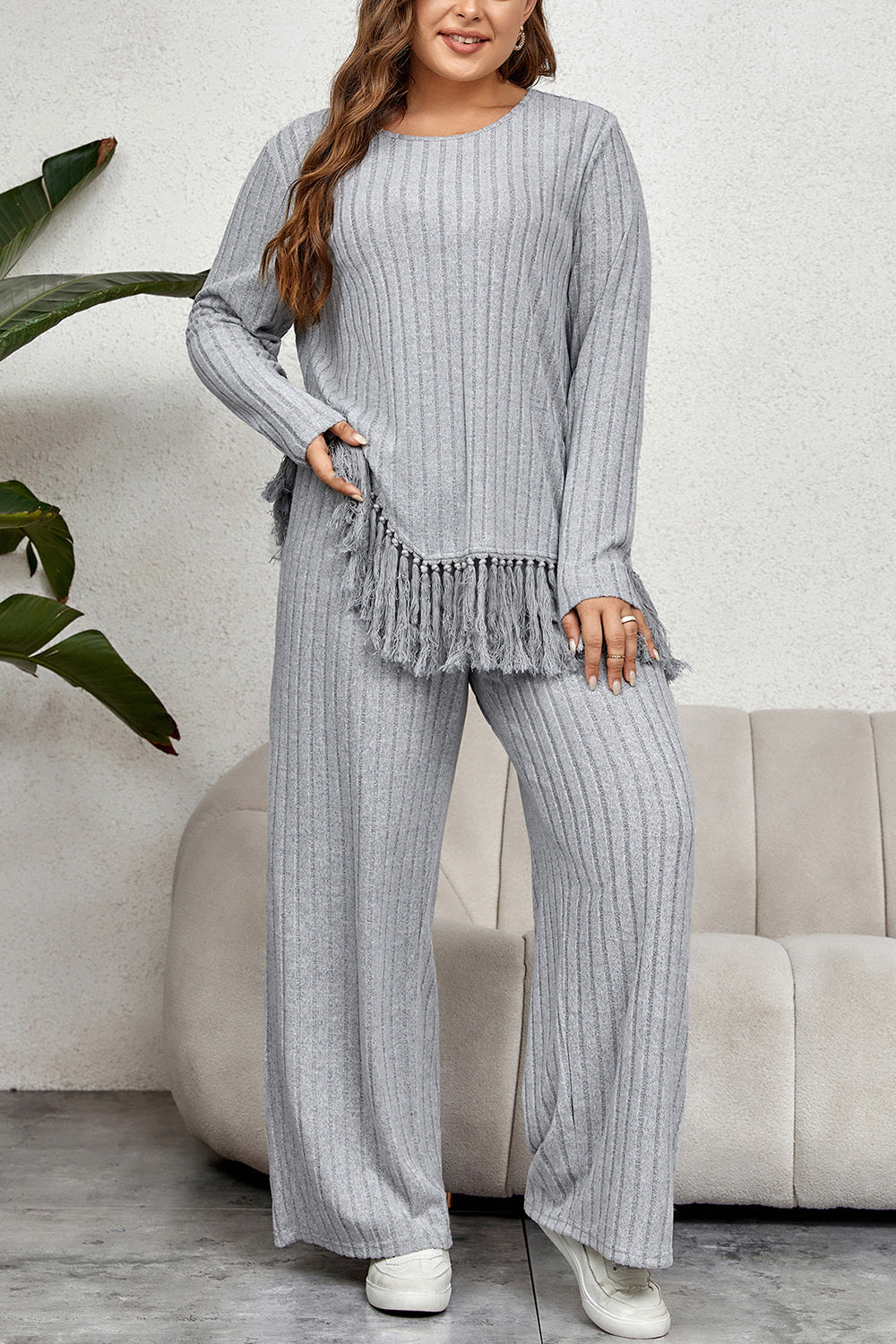 Plus Size Tassel Hem Top and Pants Set-VMA Specialties Boutique