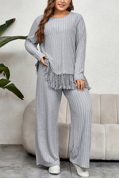 Plus Size Tassel Hem Top and Pants Set-VMA Specialties Boutique