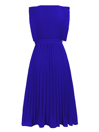 Tied Round Neck Pleated Midi Dress-VMA Specialties Boutique