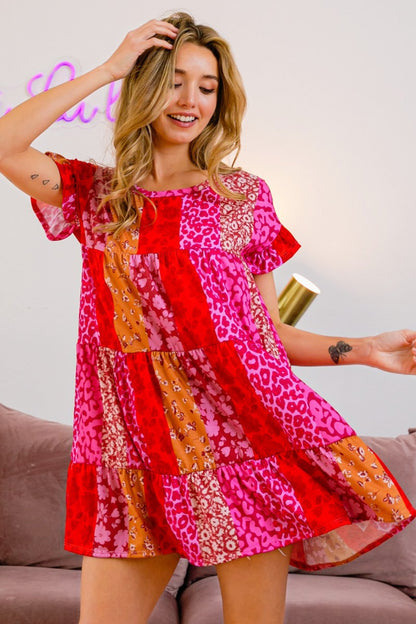 BiBi Leopard Short Sleeve Tiered Dress-VMA Specialties Boutique