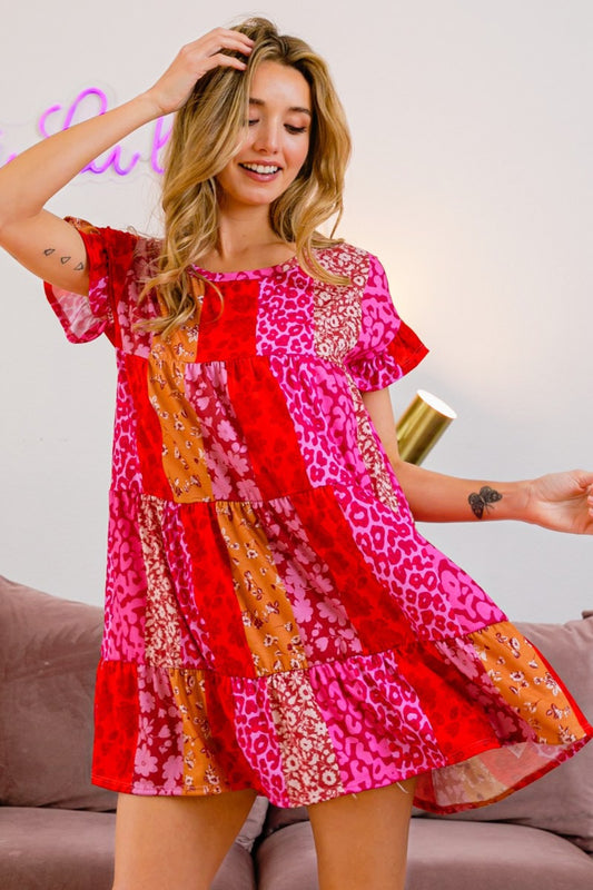 BiBi Leopard Short Sleeve Tiered Dress-VMA Specialties Boutique