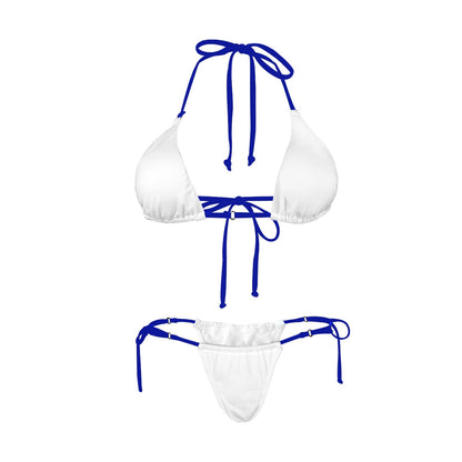 All White with Blue Ties Women's Halter String Bikini Set