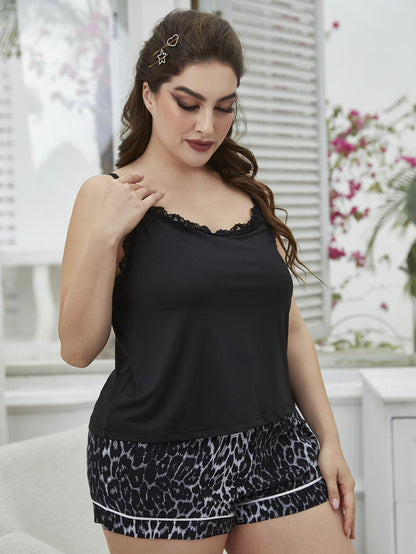 Plus Size Lace Trim Scoop Neck Cami and Printed Shorts Pajama Set-VMA Specialties Boutique