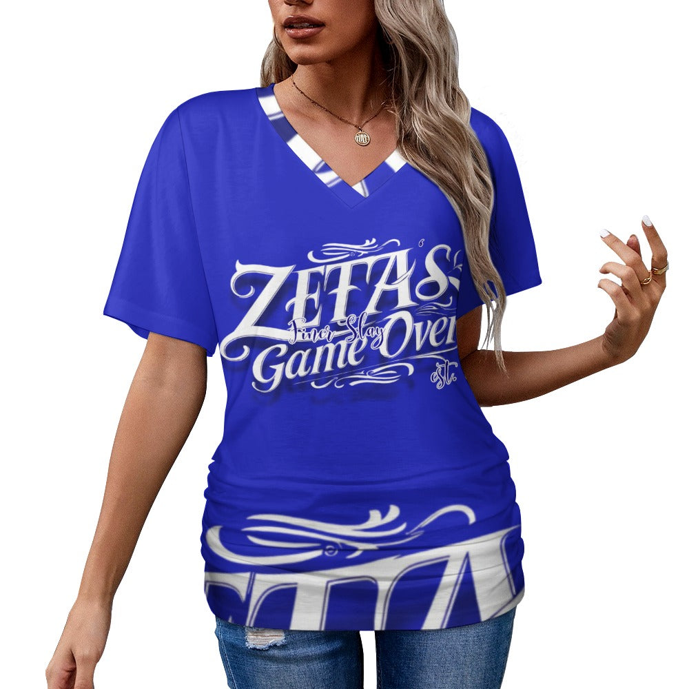 V-neck pleated T-shirt