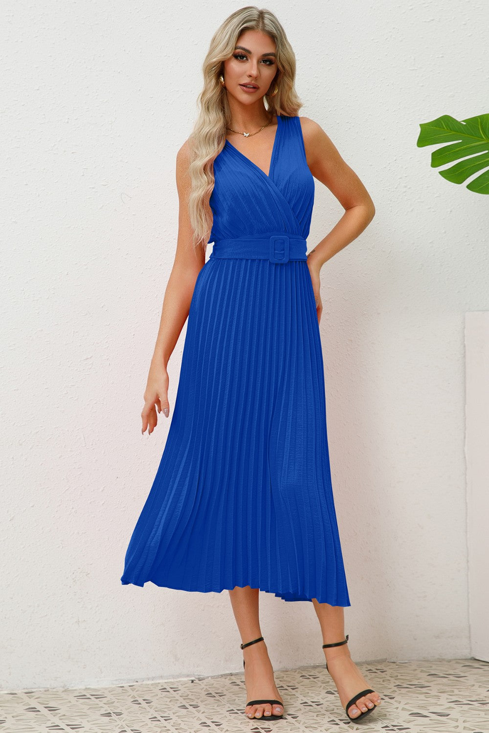 Surplice Sleeveless Midi Pleated Dress-VMA Specialties Boutique