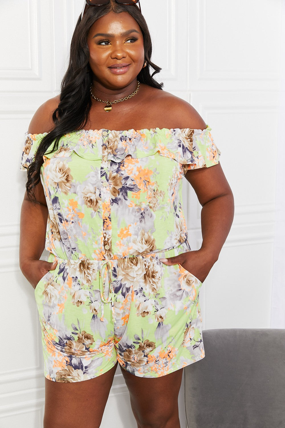 Sew In Love Full Size Pure Delight Floral Off-Shoulder Romper-VMA Specialties Boutique