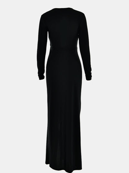 Ruched Slit Plunge Long Sleeve Dress-VMA Specialties Boutique