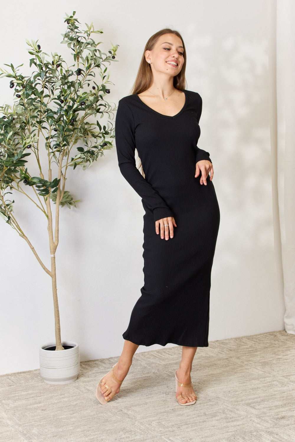 Culture Code Full Size Ribbed Long Sleeve Midi Slit Dress-VMA Specialties Boutique