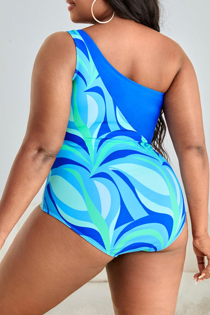 Plus Size Printed Ring Detail One-Shoulder One-Piece Swimsuit-VMA Specialties Boutique