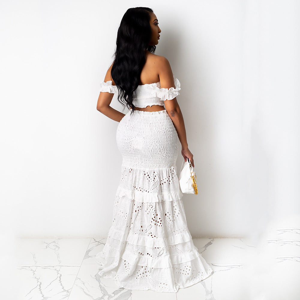 Women's Solid Color Two Piece Wrap Breast Fishtail Mid Waist Lace Dress