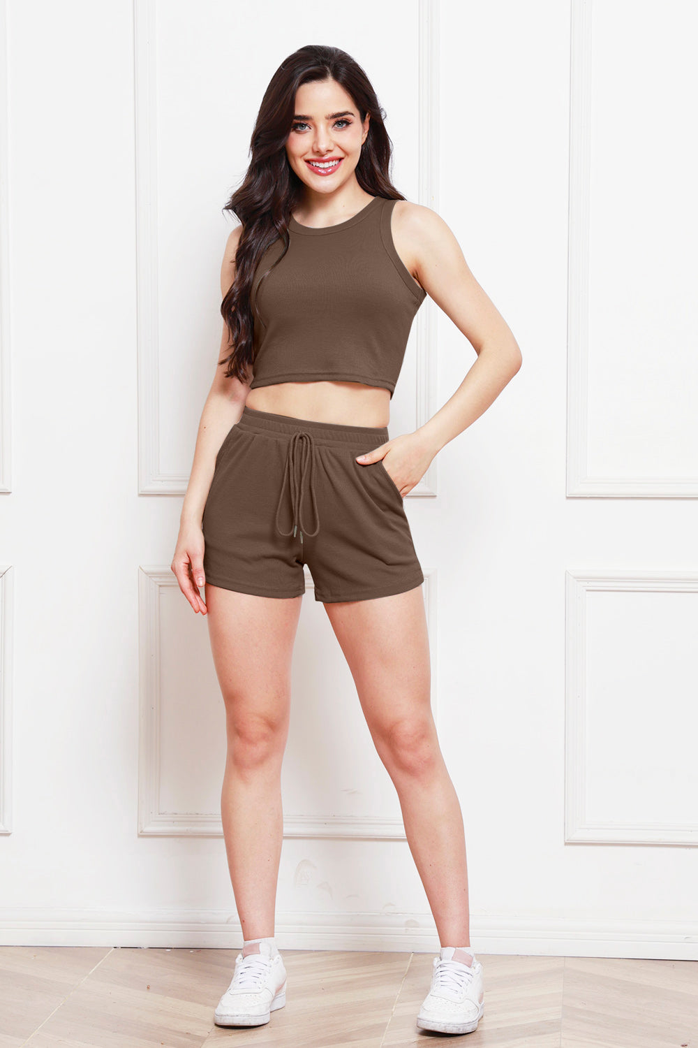 Round Neck Tank and Drawstring Shorts Set-VMA Specialties Boutique