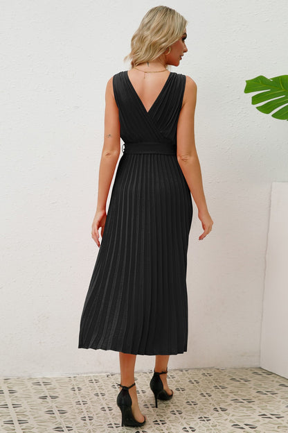Surplice Sleeveless Midi Pleated Dress-VMA Specialties Boutique