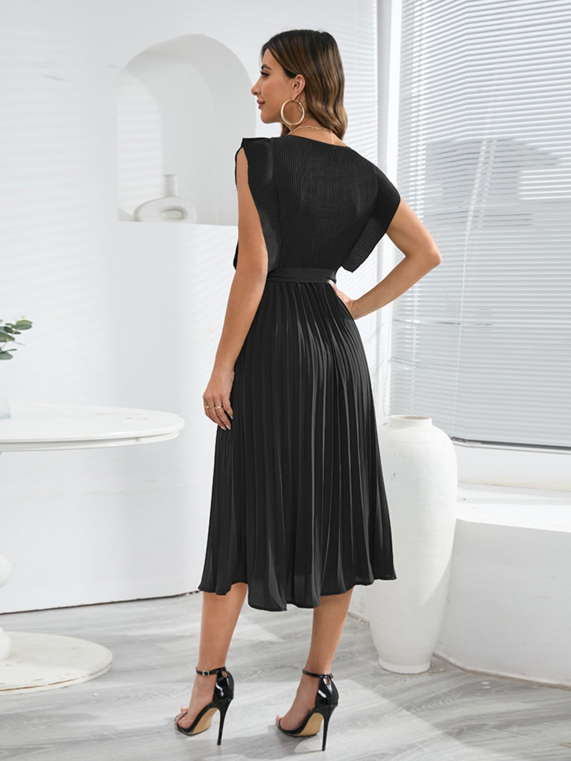Tied Round Neck Pleated Midi Dress-VMA Specialties Boutique