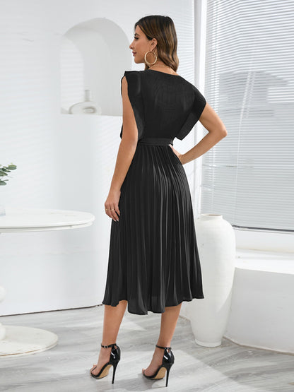Tied Round Neck Pleated Midi Dress-VMA Specialties Boutique