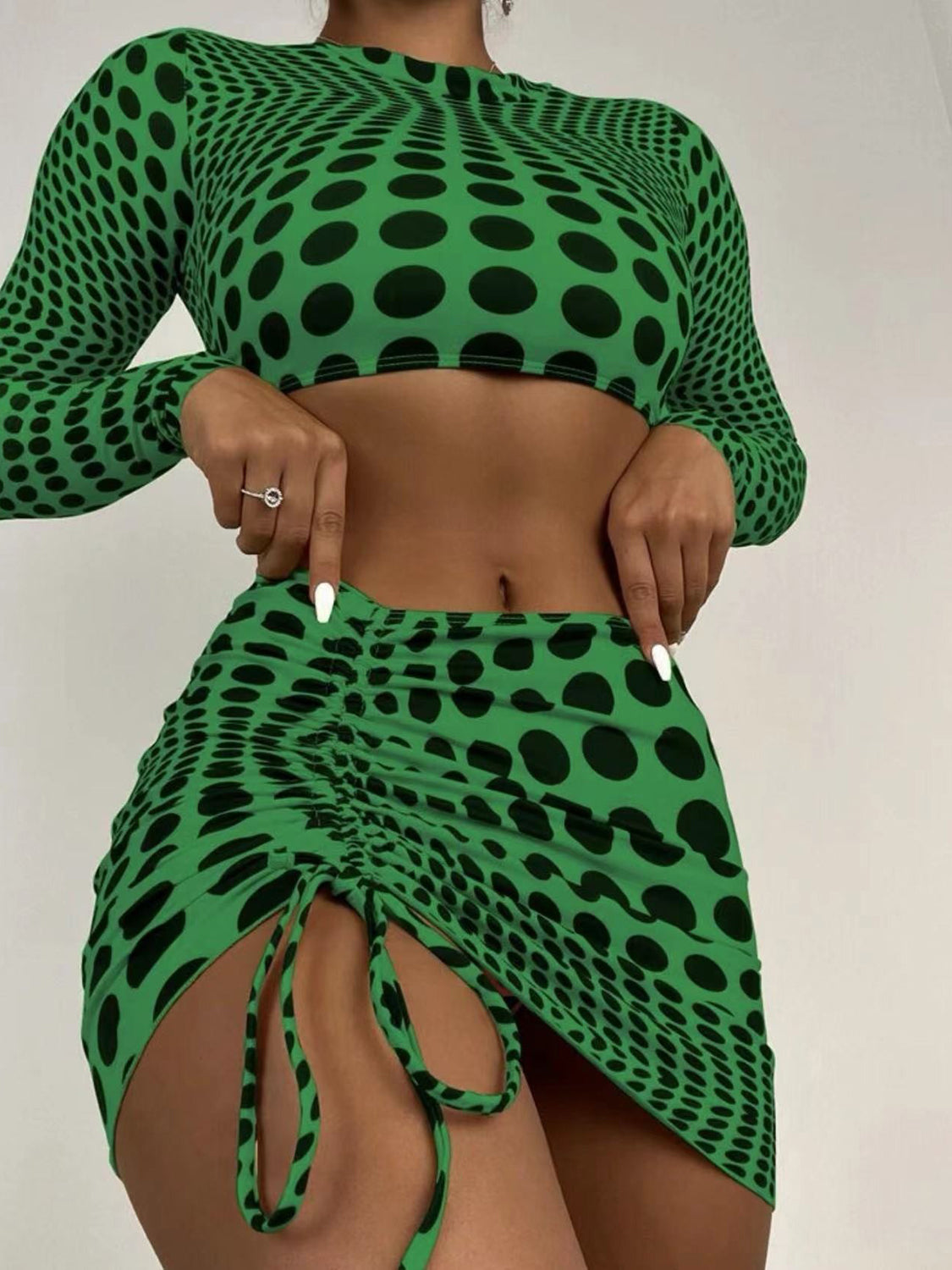 Polka Dot Long Sleeve Three-Piece Swim Set-VMA Specialties Boutique