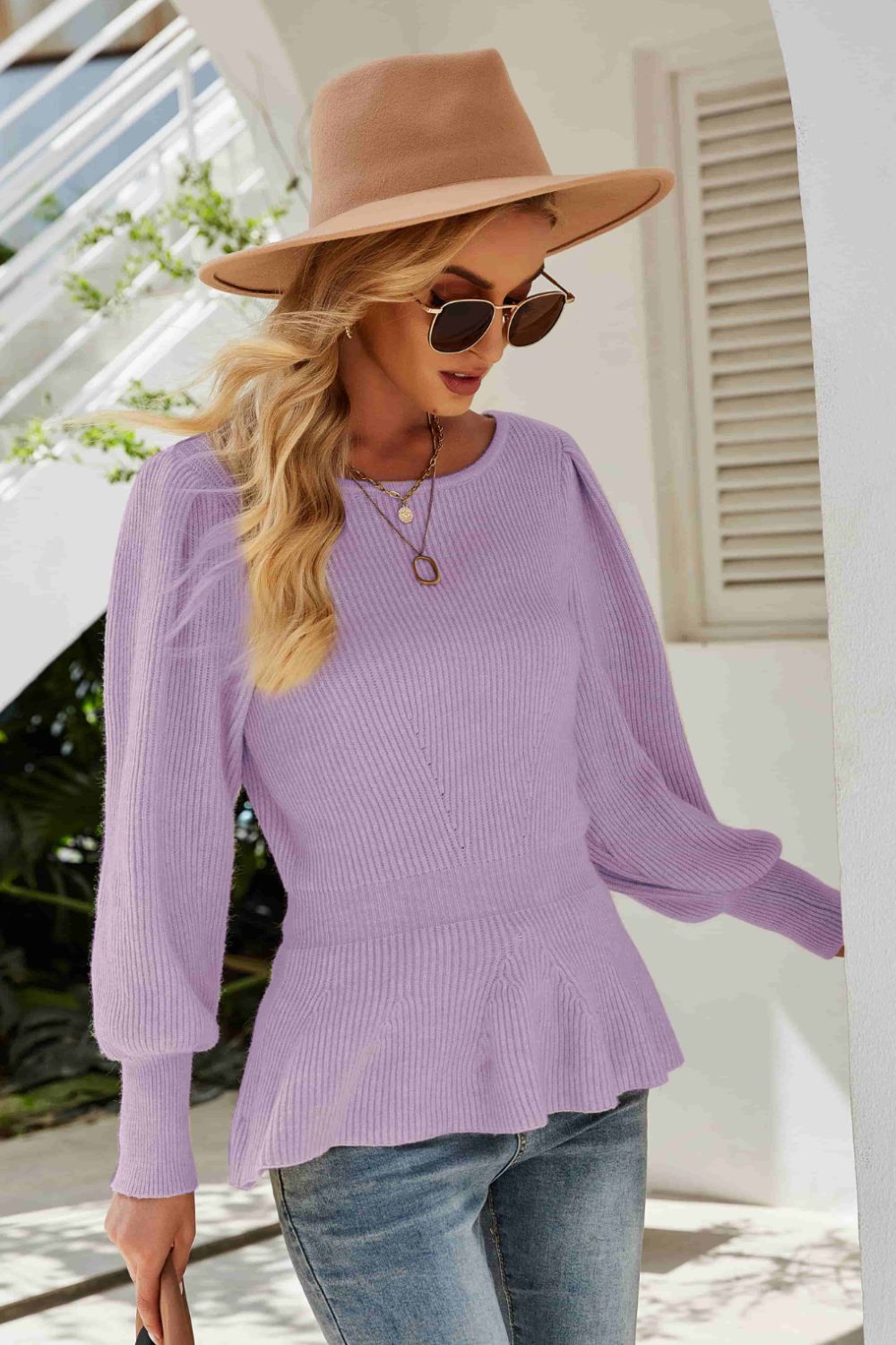 Ribbed Round Neck Lantern Sleeve Sweater-VMA Specialties Boutique