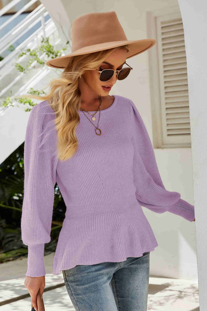 Ribbed Round Neck Lantern Sleeve Sweater-VMA Specialties Boutique