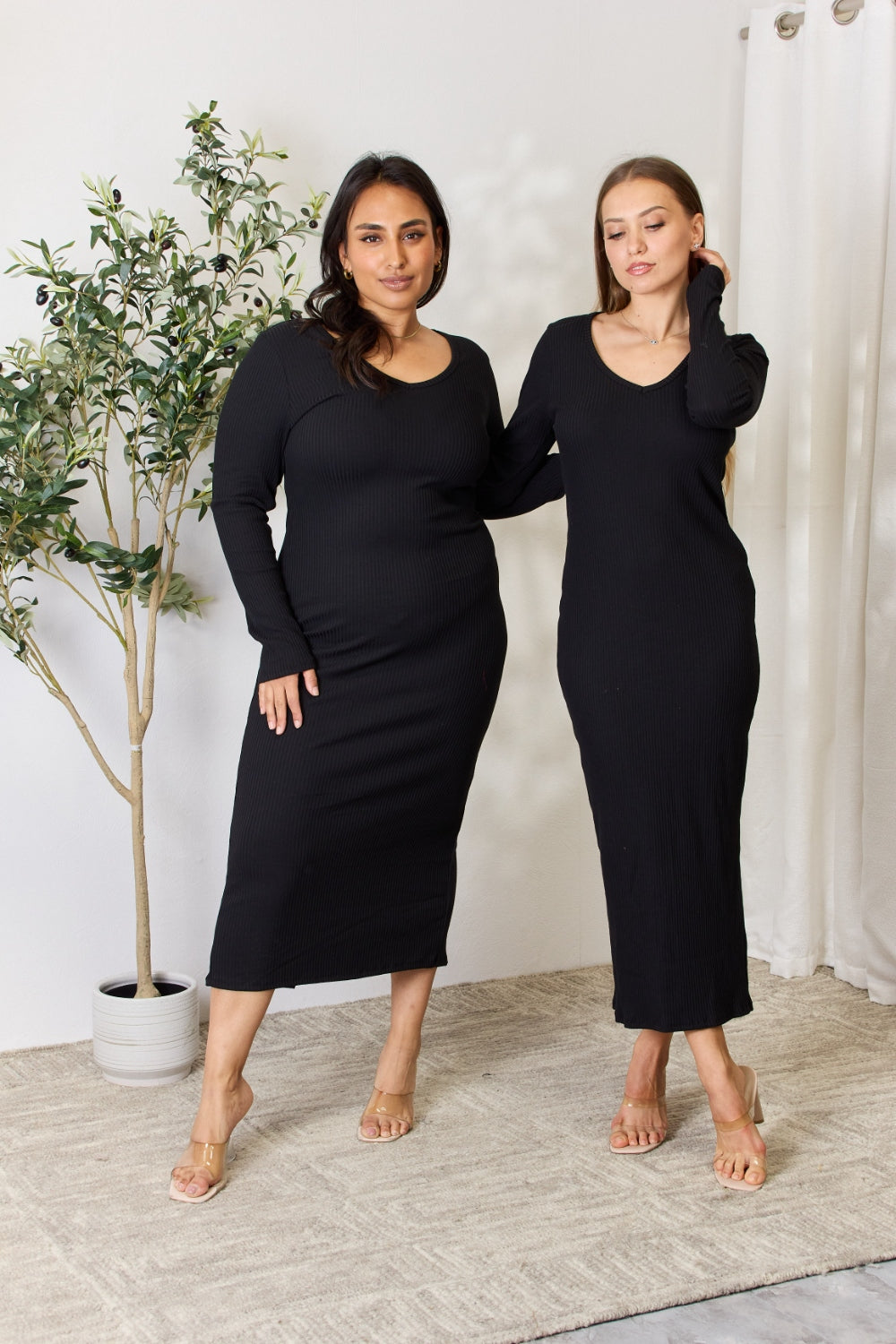 Culture Code Full Size Ribbed Long Sleeve Midi Slit Dress-VMA Specialties Boutique