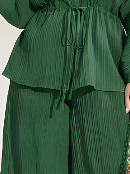 Plus Size Collared Neck Buttoned Top and Wide Leg Pants Set-VMA Specialties Boutique