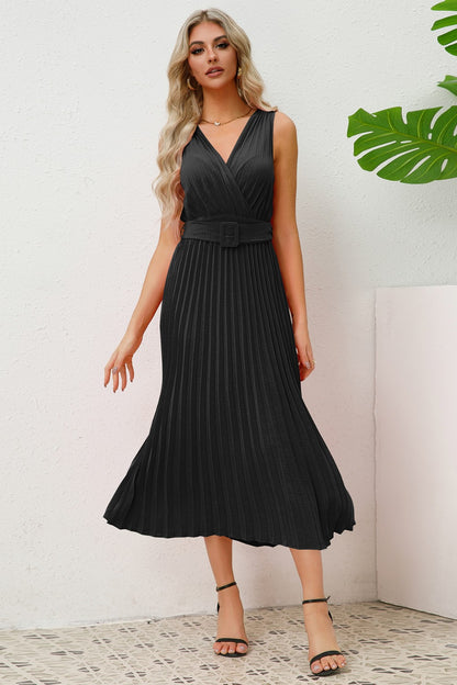 Surplice Sleeveless Midi Pleated Dress-VMA Specialties Boutique