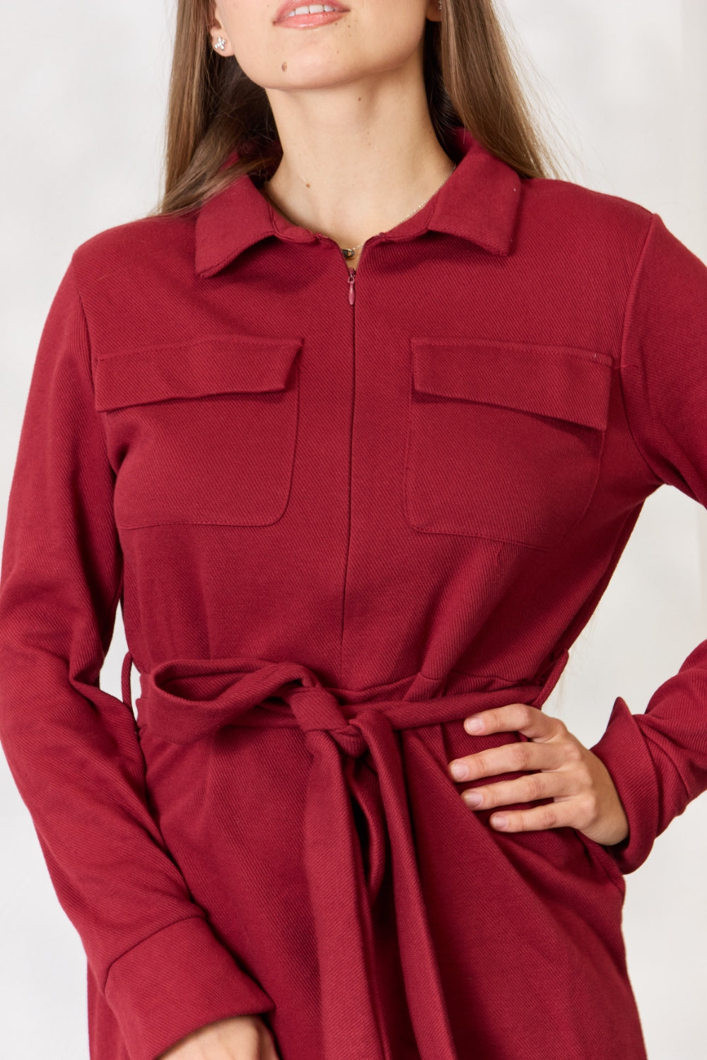 Culture Code Full Size Tie Front Half Zip Long Sleeve Shirt Dress-VMA Specialties Boutique