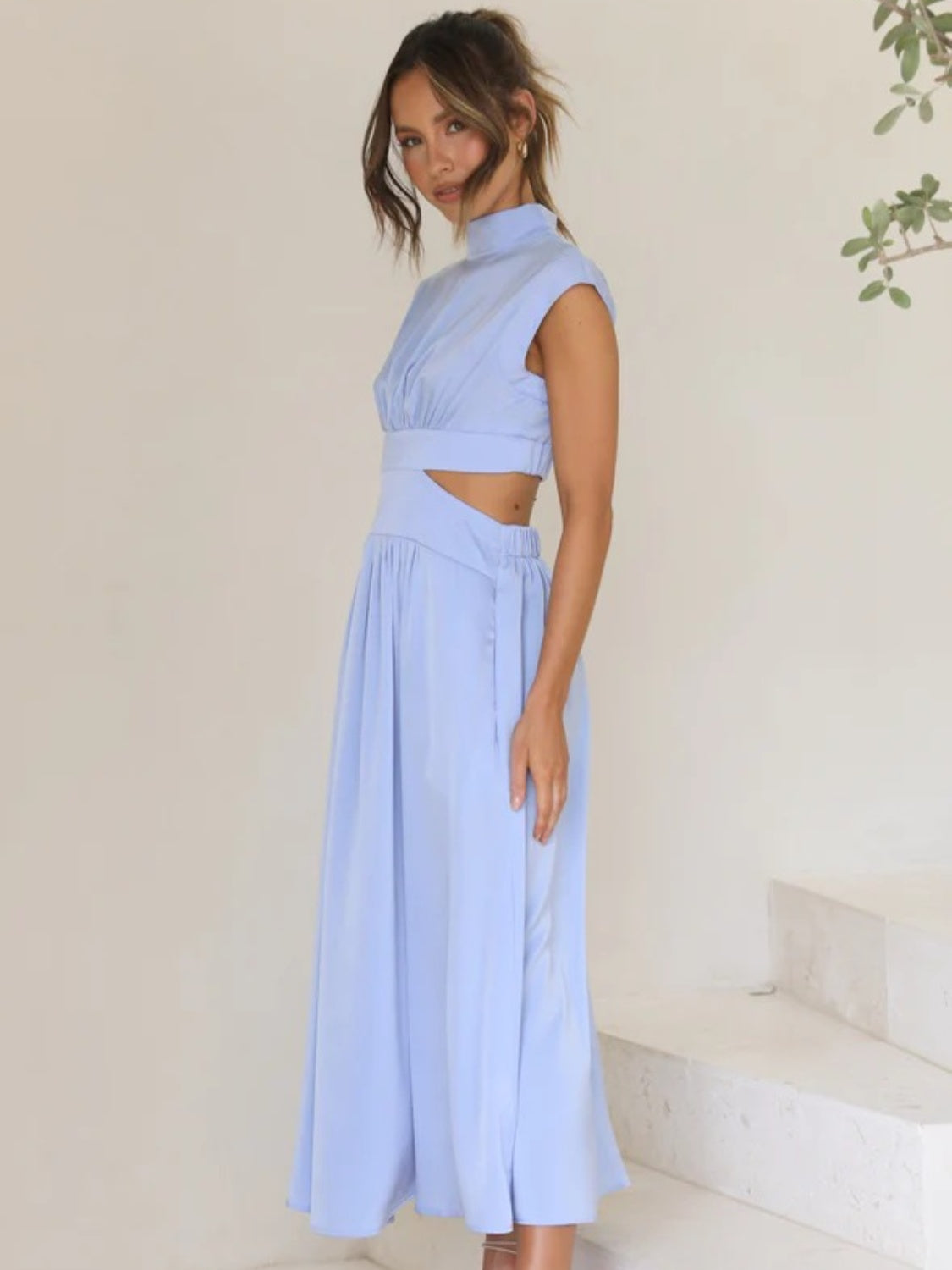 Cutout Mock Neck Sleeveless Ruched Dress-VMA Specialties Boutique