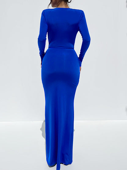 Ruched Slit Plunge Long Sleeve Dress-VMA Specialties Boutique