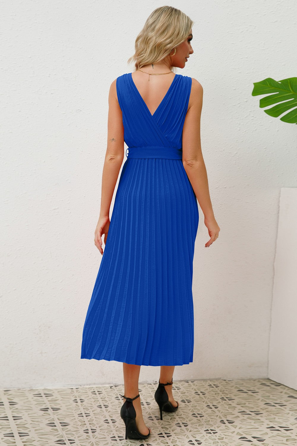Surplice Sleeveless Midi Pleated Dress-VMA Specialties Boutique