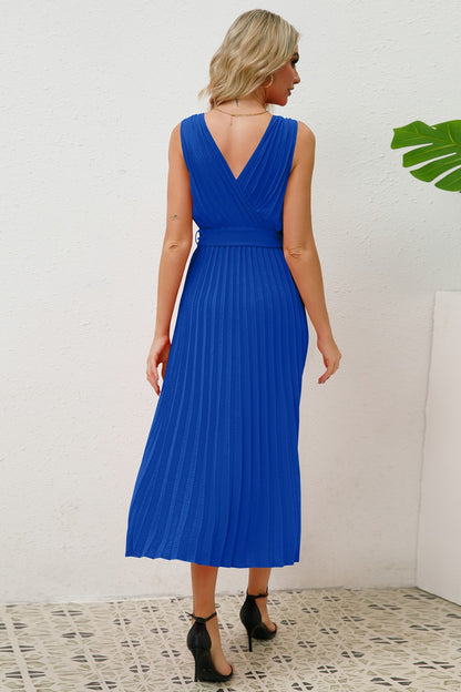 Surplice Sleeveless Midi Pleated Dress-VMA Specialties Boutique