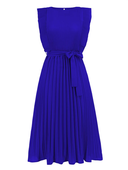 Tied Round Neck Pleated Midi Dress-VMA Specialties Boutique