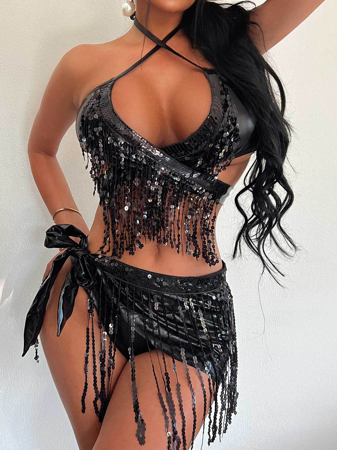 Shimmer - Sequin Halter Neck Three-Piece Swim Set-VMA Specialties Boutique
