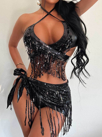 Shimmer - Sequin Halter Neck Three-Piece Swim Set-VMA Specialties Boutique