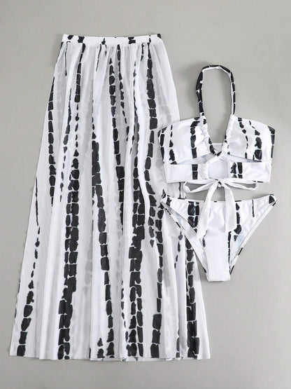 Printed Halter Neck Three-Piece Swim Set-VMA Specialties Boutique