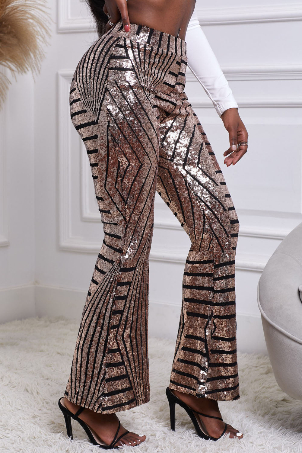 Sequin Striped High Waist Bootcut Pants-VMA Specialties Boutique