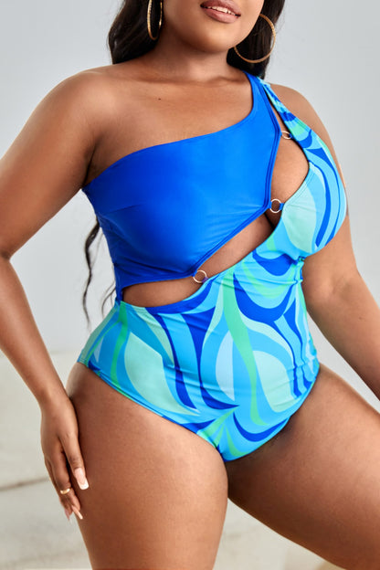 Plus Size Printed Ring Detail One-Shoulder One-Piece Swimsuit-VMA Specialties Boutique