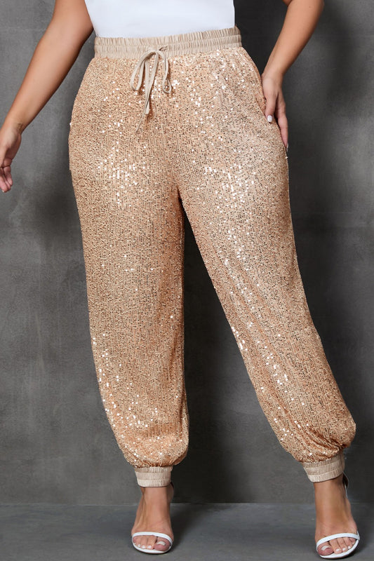 Plus Size Sequin Drawstring Joggers with Pockets-VMA Specialties Boutique