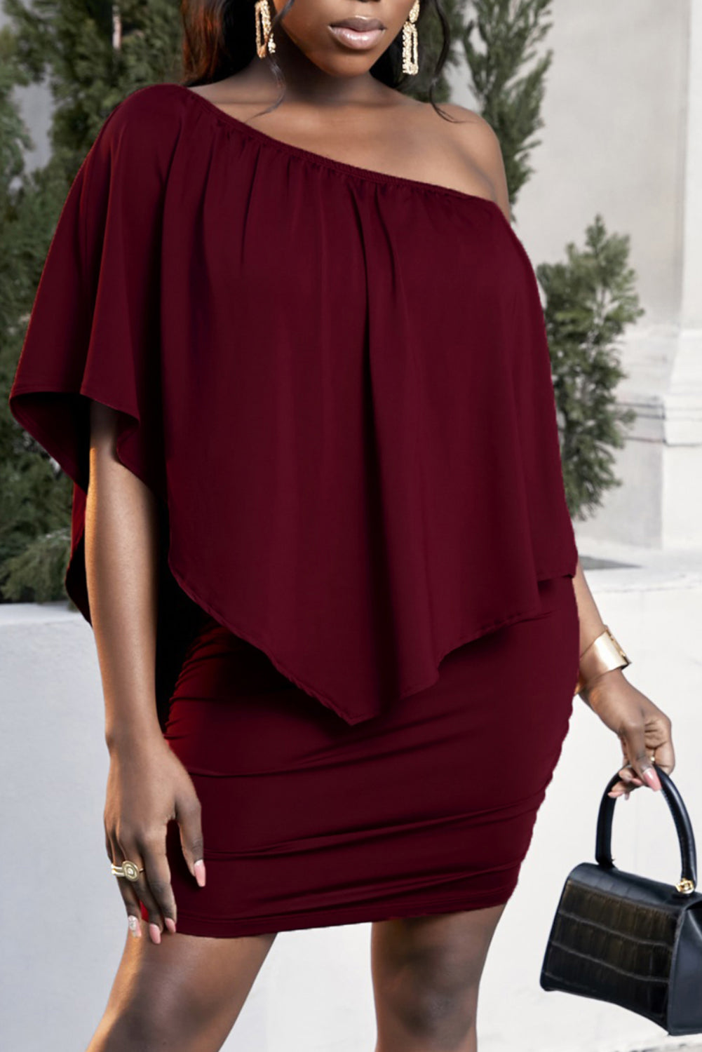 Plus Size One-Shoulder Half Sleeve Mini Dress-VMA Specialties Boutique