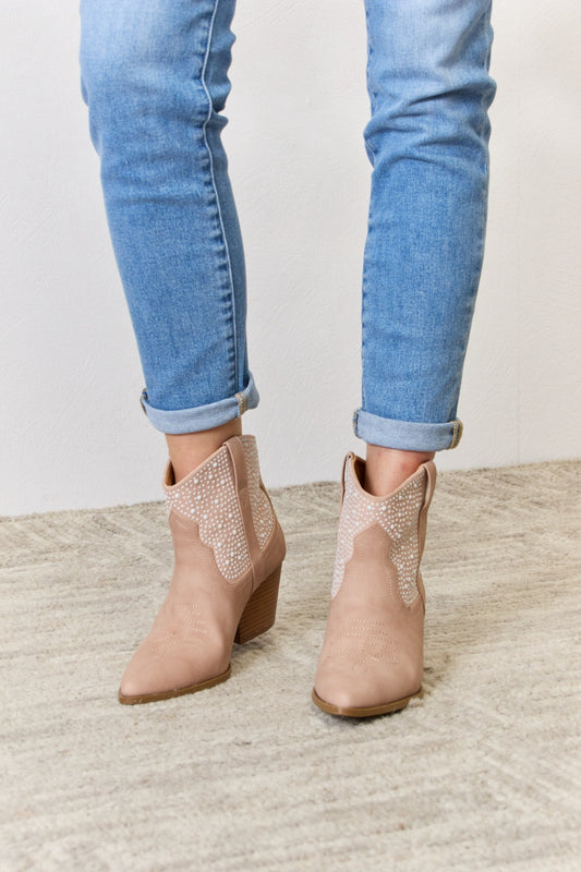 East Lion Corp Rhinestone Ankle Cowgirl Booties-VMA Specialties Boutique