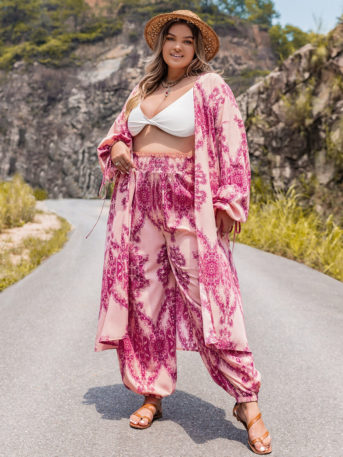 Plus Size Open Front Cardigan and Pants Set-VMA Specialties Boutique