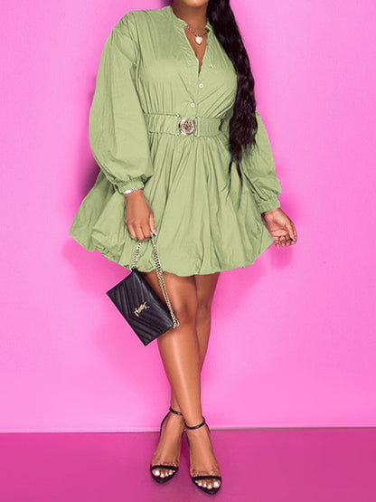 Notched Button Up Balloon Sleeves Dress-VMA Specialties Boutique