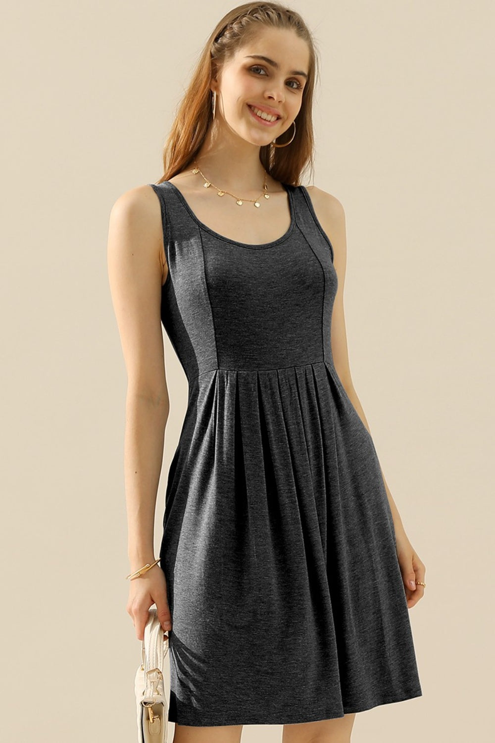 Doublju Full Size Round Neck Ruched Sleeveless Dress with Pockets-VMA Specialties Boutique