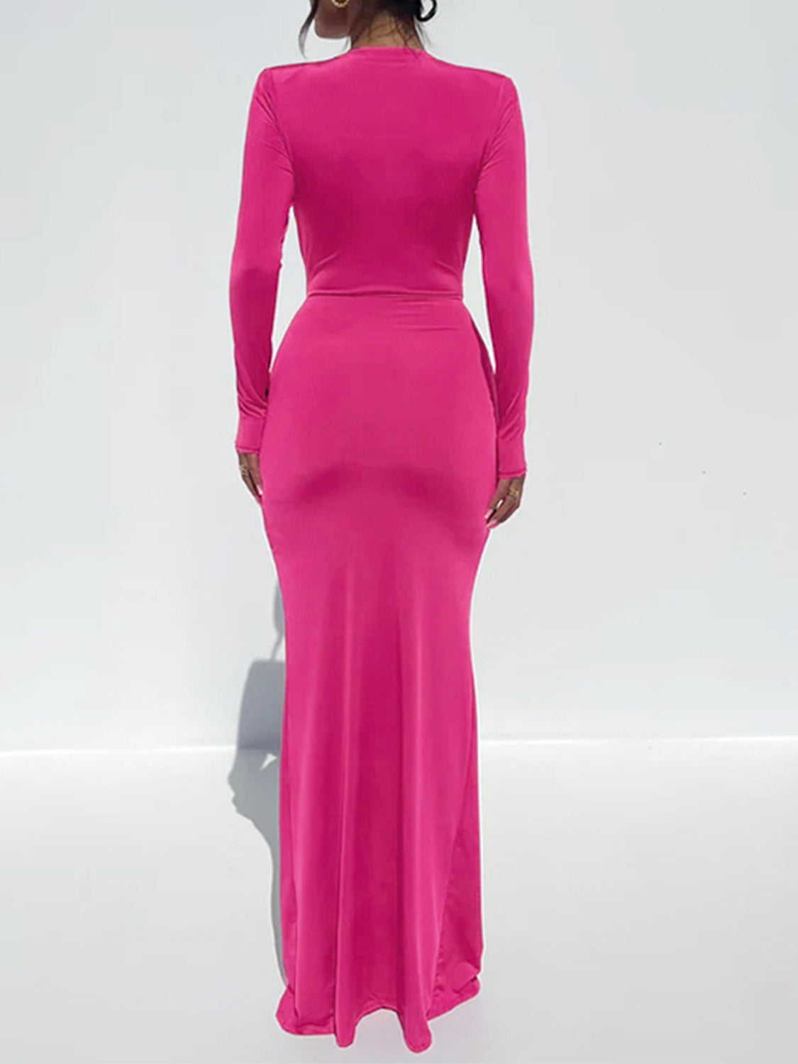 Ruched Slit Plunge Long Sleeve Dress-VMA Specialties Boutique