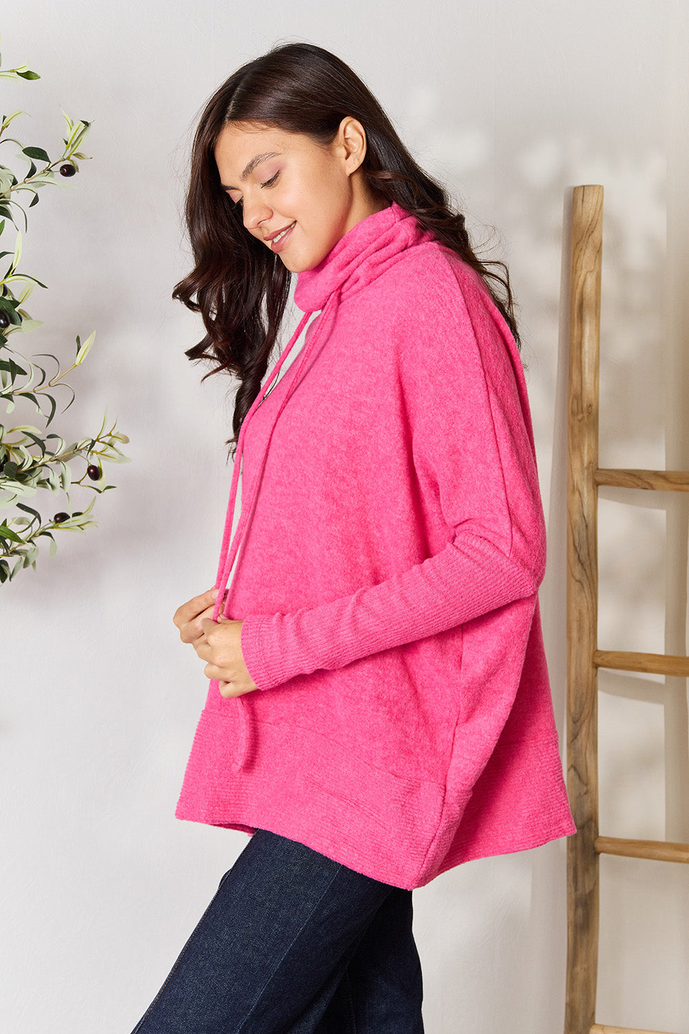 Zenana Drawstring Mock Neck Sweater-VMA Specialties Boutique