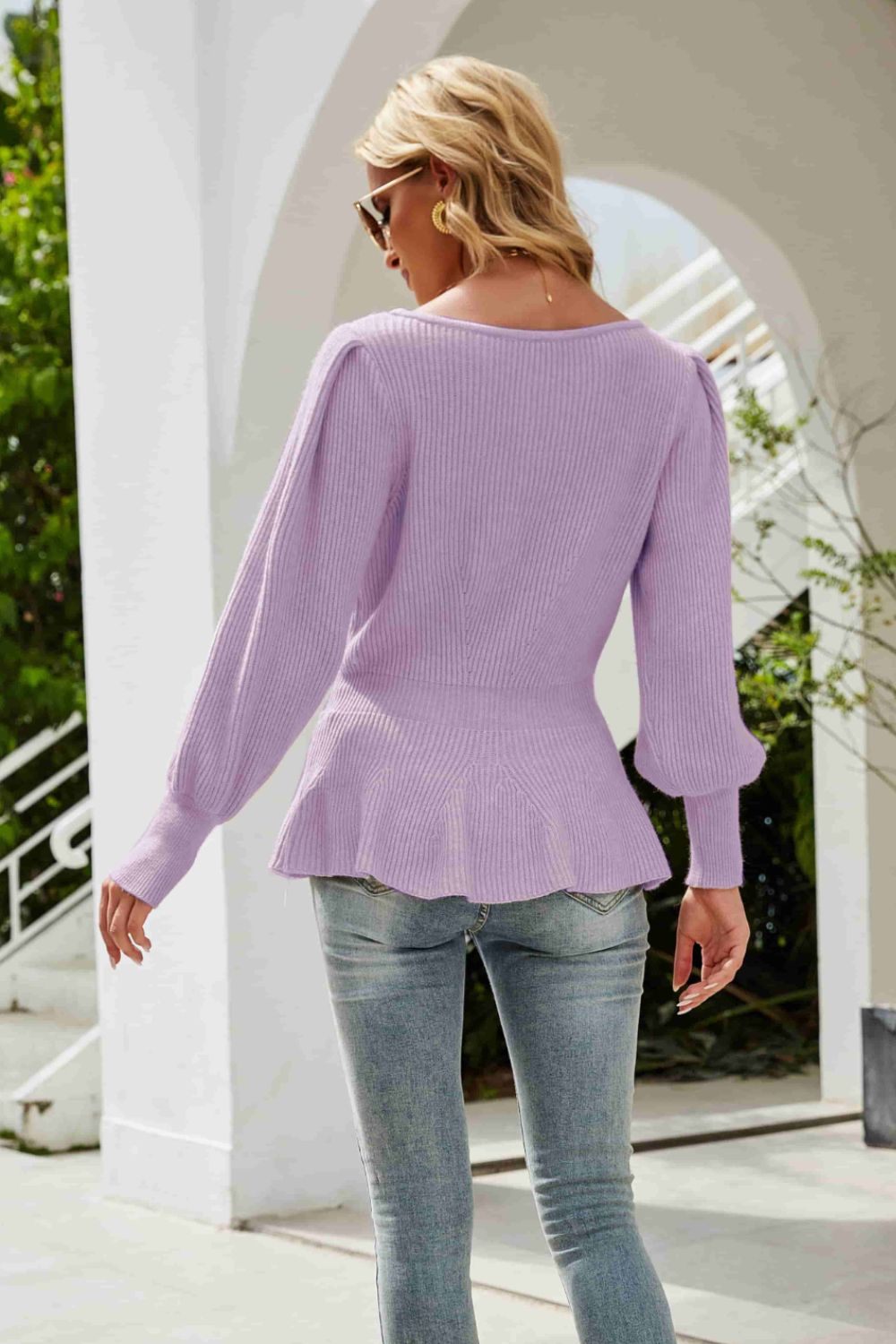 Ribbed Round Neck Lantern Sleeve Sweater-VMA Specialties Boutique