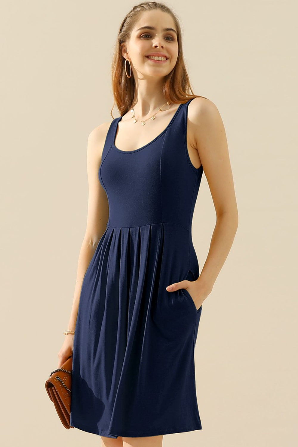 Doublju Full Size Round Neck Ruched Sleeveless Dress with Pockets-VMA Specialties Boutique
