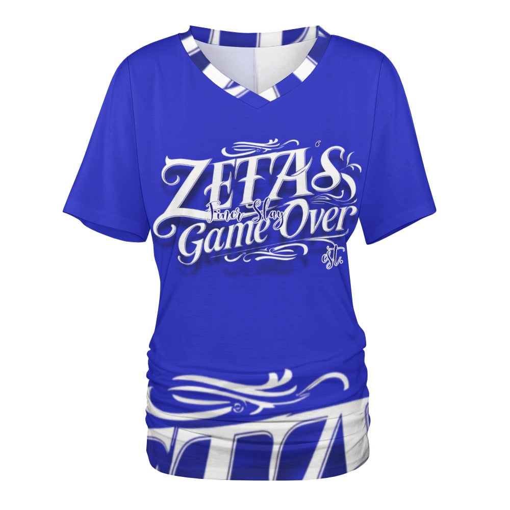 V-neck pleated T-shirt