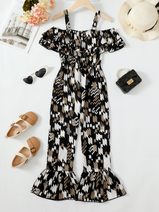 Printed Cold-Shoulder Flare Leg Jumpsuit-VMA Specialties Boutique
