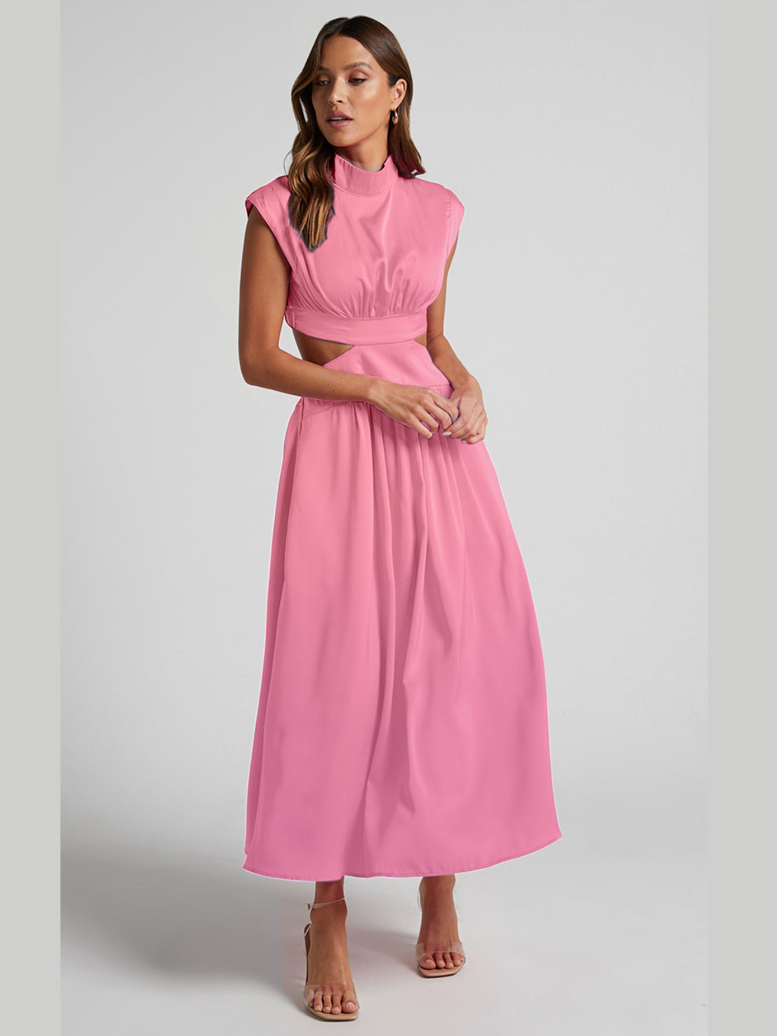 Cutout Mock Neck Sleeveless Ruched Dress-VMA Specialties Boutique