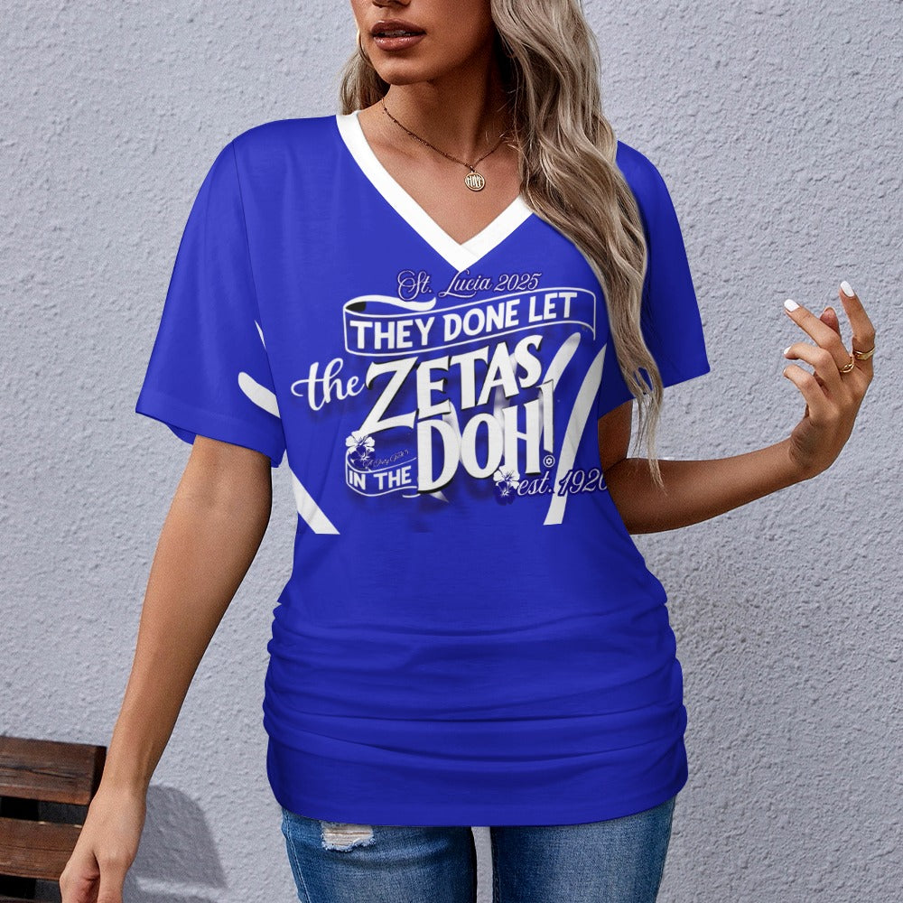 V-neck pleated T-shirt